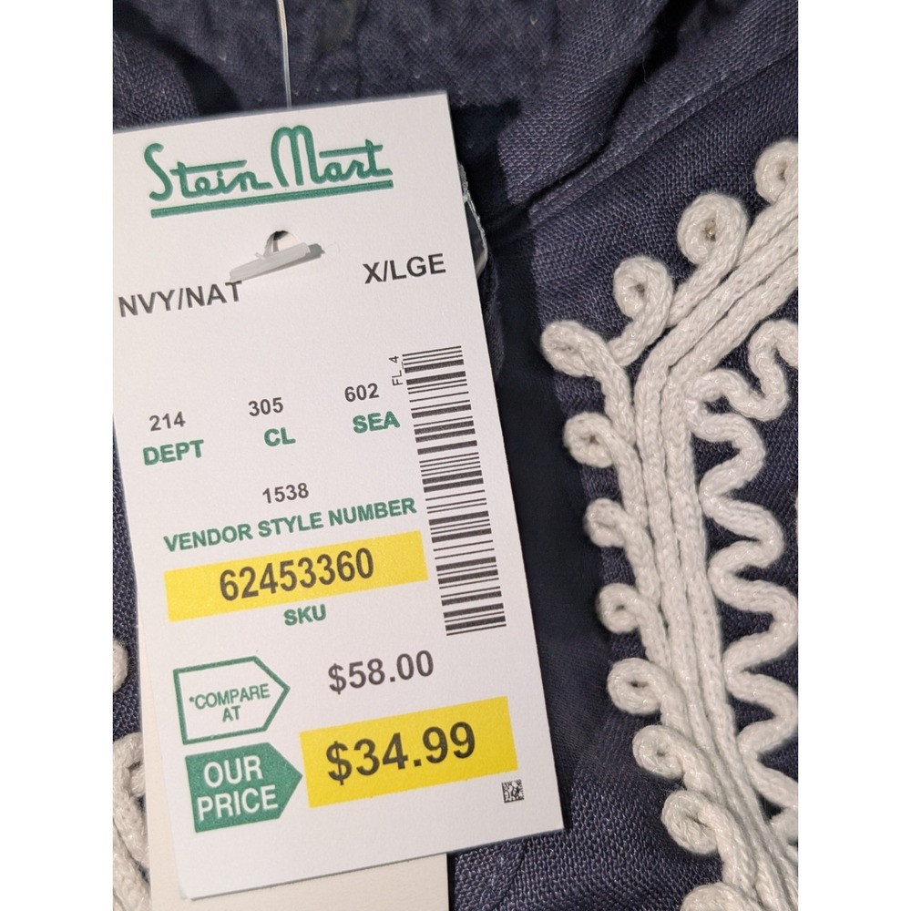 NWT 100% Linen Navy Blue Embroidered Tunic Size XL Boho Cottagecore - Picture 10 of 11